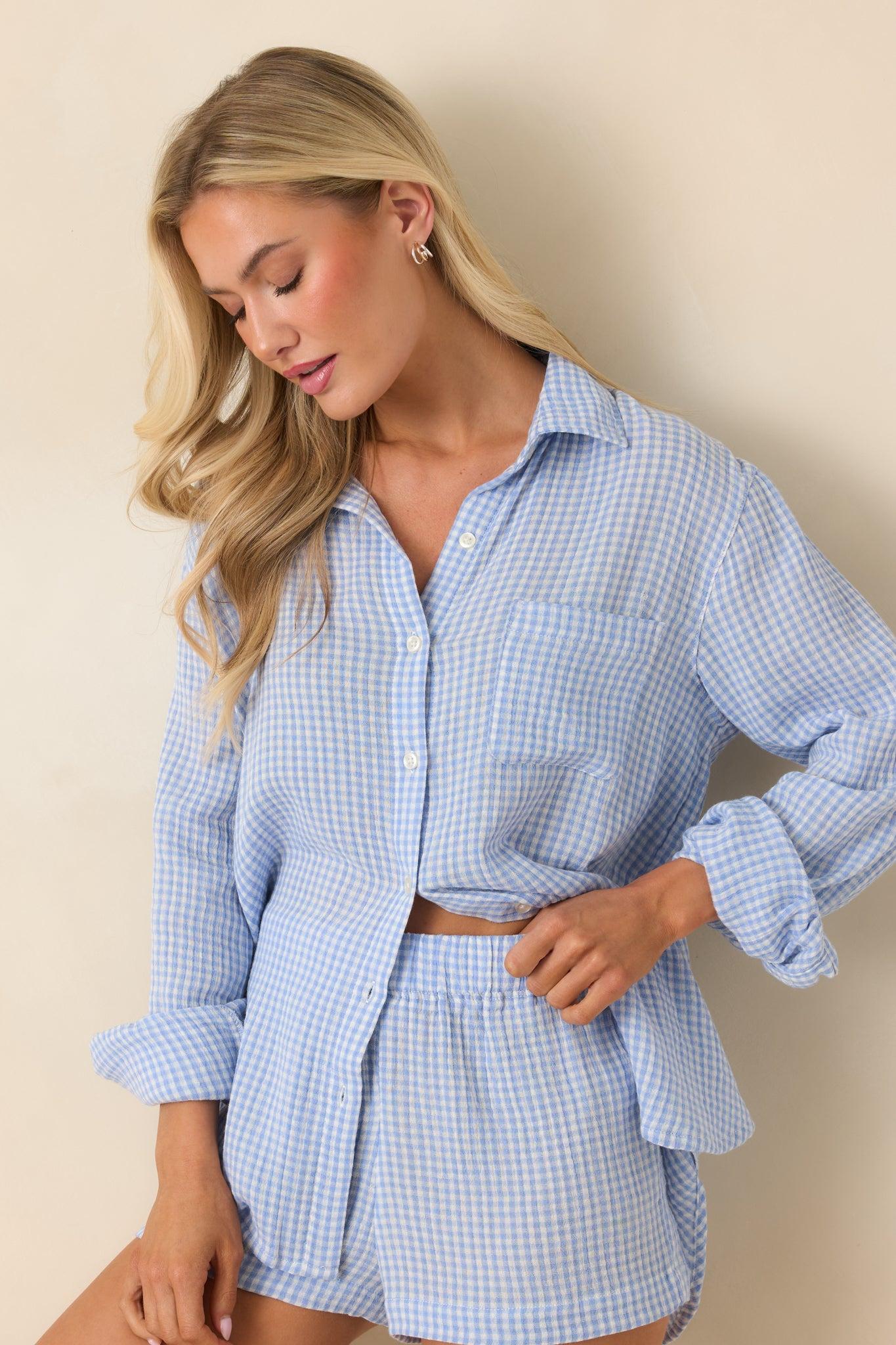 Z Supply Ice Blue Cotton Classic Gingham Top Product Image