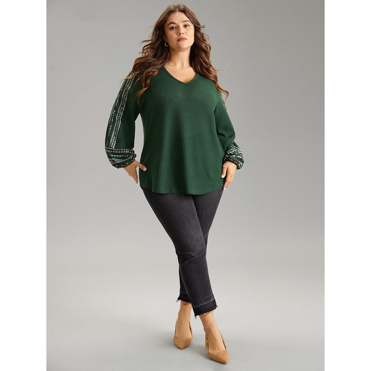 Plus Size Waffle Knit Patchwork Bandana Graphic T-shirt DarkGreen Women Elegant Waffle Knit Bohemian Print V-neck Dailywear T-shirts BloomChic 10/M Product Image