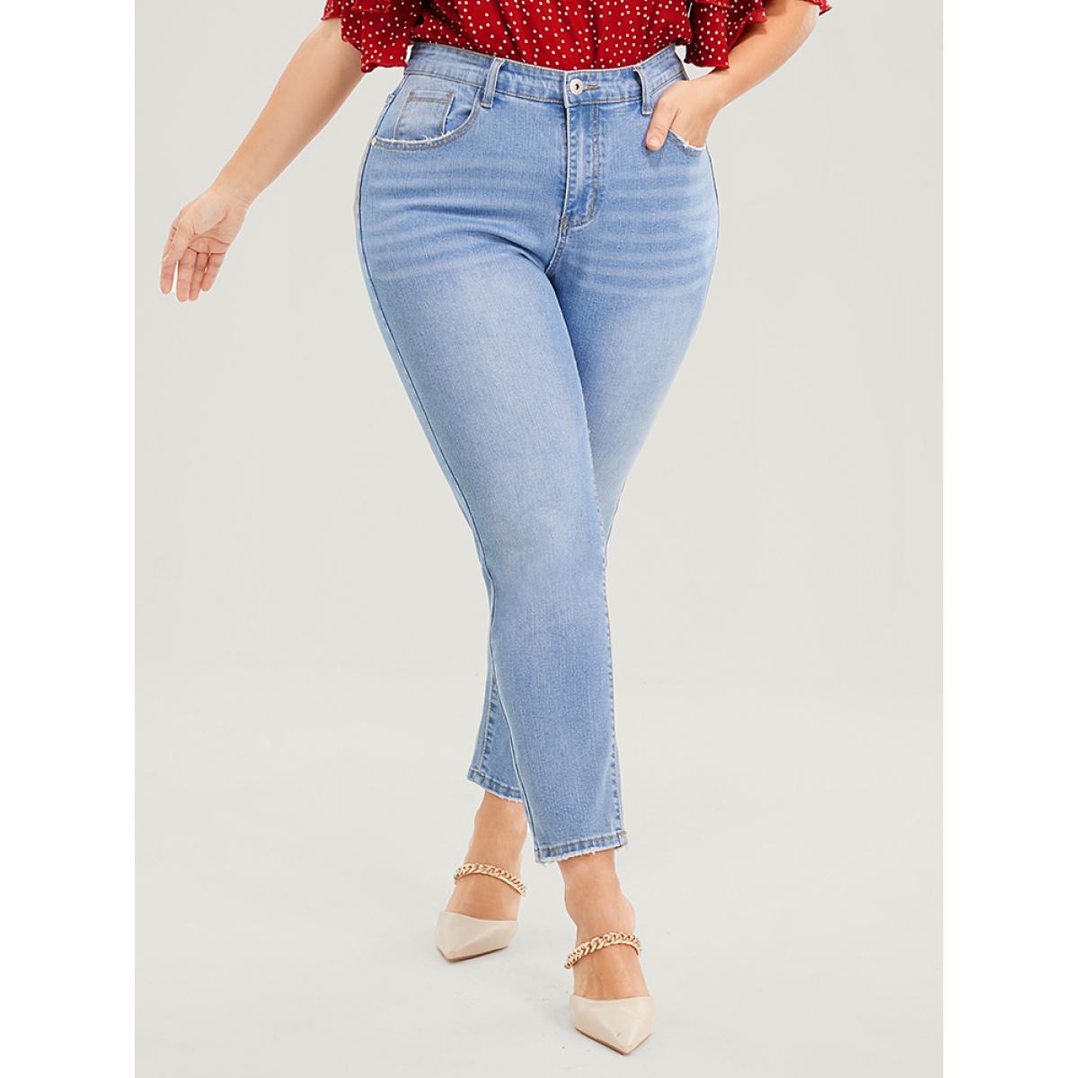 Plus Size Straight Very Stretchy Mid Rise Light Wash Jeans Women LightBlue Casual Plain Pocket High stretch Pocket Jeans BloomChic 24/3X Product Image