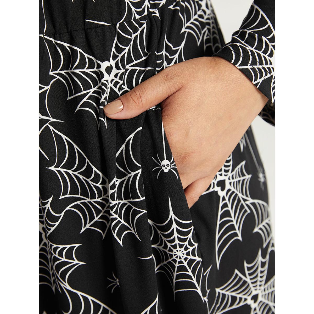 Plus Size Halloween Print Pocket Elastic Waist Crisscross Dress Black Women Casual Printed Round Neck Long Sleeve Curvy Midi Dress BloomChic 30/6X Product Image