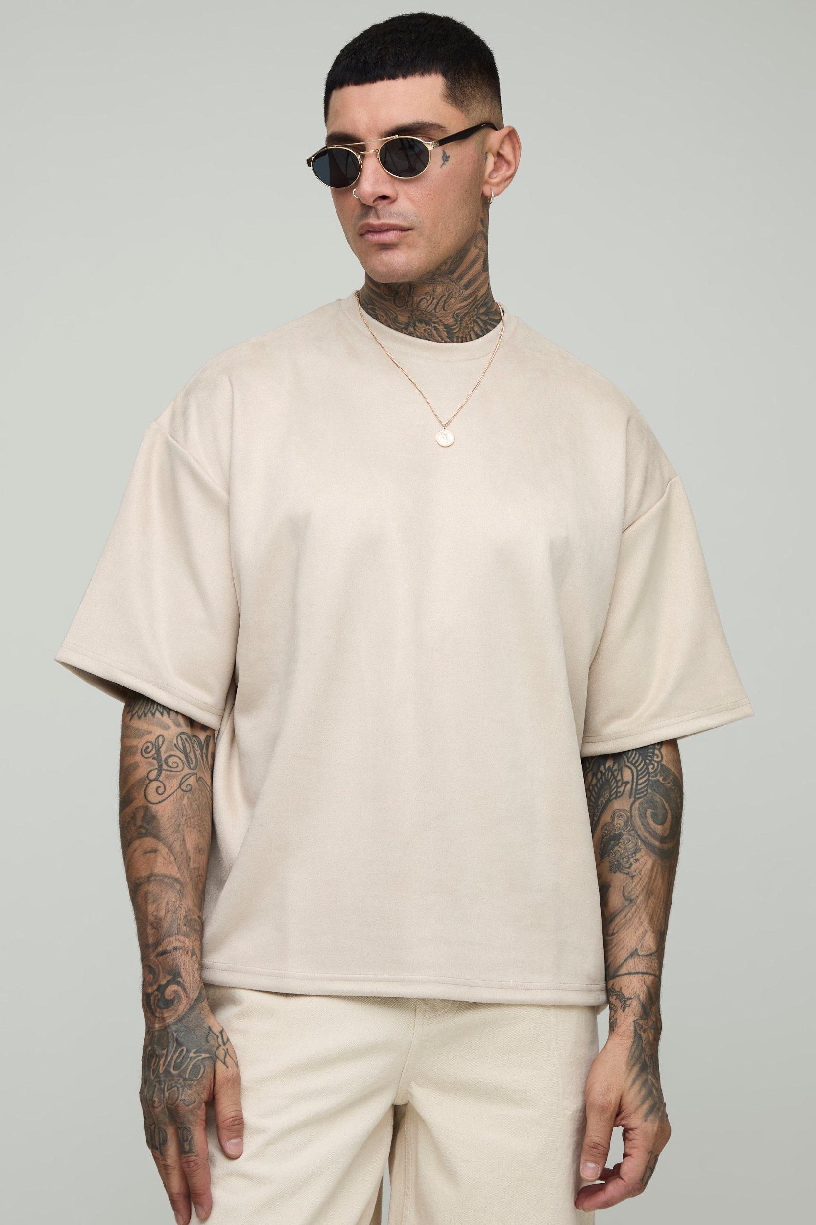 Tall Oversized Boxy Faux Suede T-Shirt | boohooMAN USA Product Image