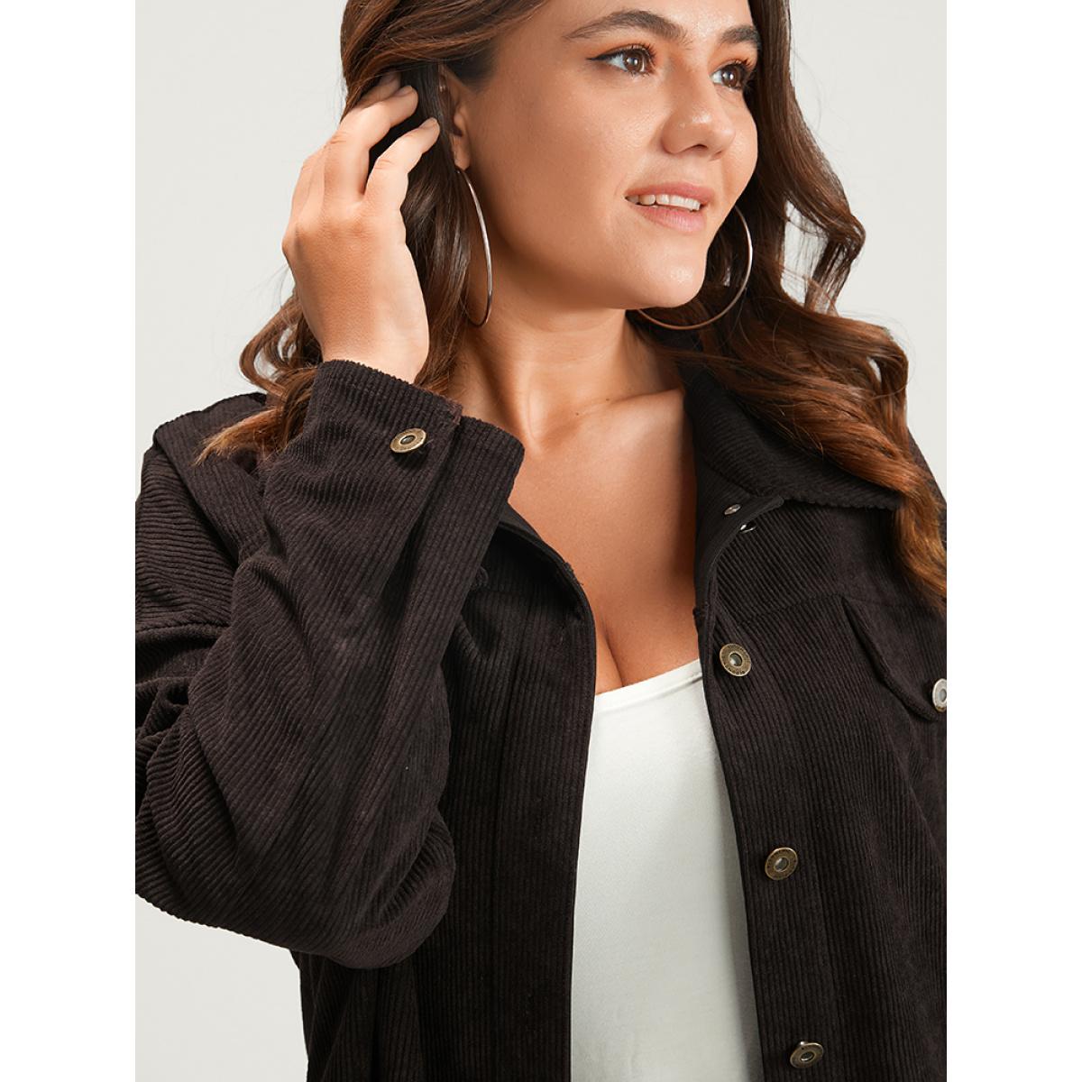 Plus Size Solid Button Up Pocket Corduroy Coat Women DarkBrown Casual Button Ladies Dailywear Winter Coats BloomChic 22-24/3X Product Image