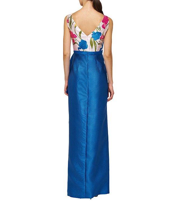 Kay Unger Tabitha Iris Jacquard Floral Bateau Neck Bow Sash Waist Column Gown Product Image