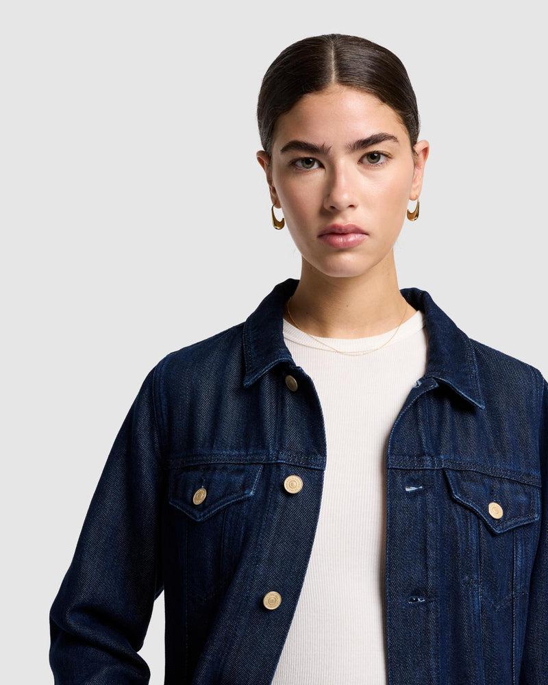 Denim Lustre Flounce Trucker Jacket Product Image
