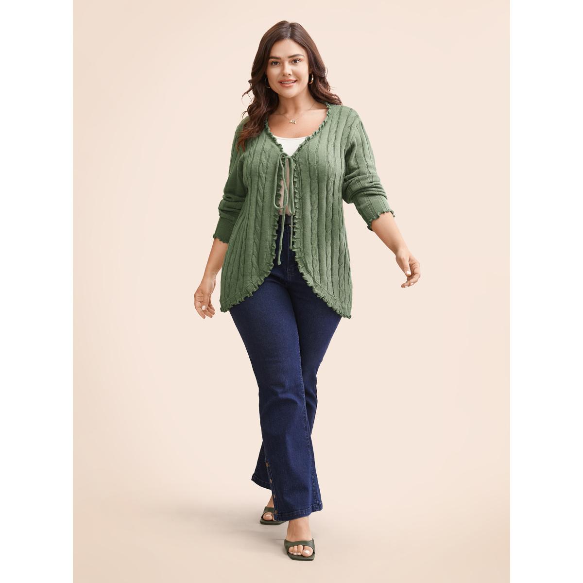 Plus Size Cable Knit Tie Knot Frill Trim Cardigan Greenbean Women Casual Loose Long Sleeve Everyday Cardigans BloomChic 22-24/3X Product Image