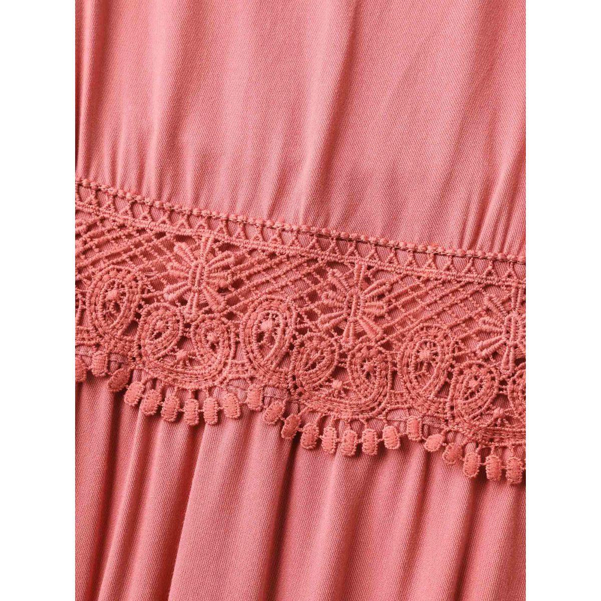 Plus Size Lace Trim Stretchy Waist Pockets Midi Dress Rouge Women Square Neck Short sleeve Curvy BloomChic 22-24/3X Product Image