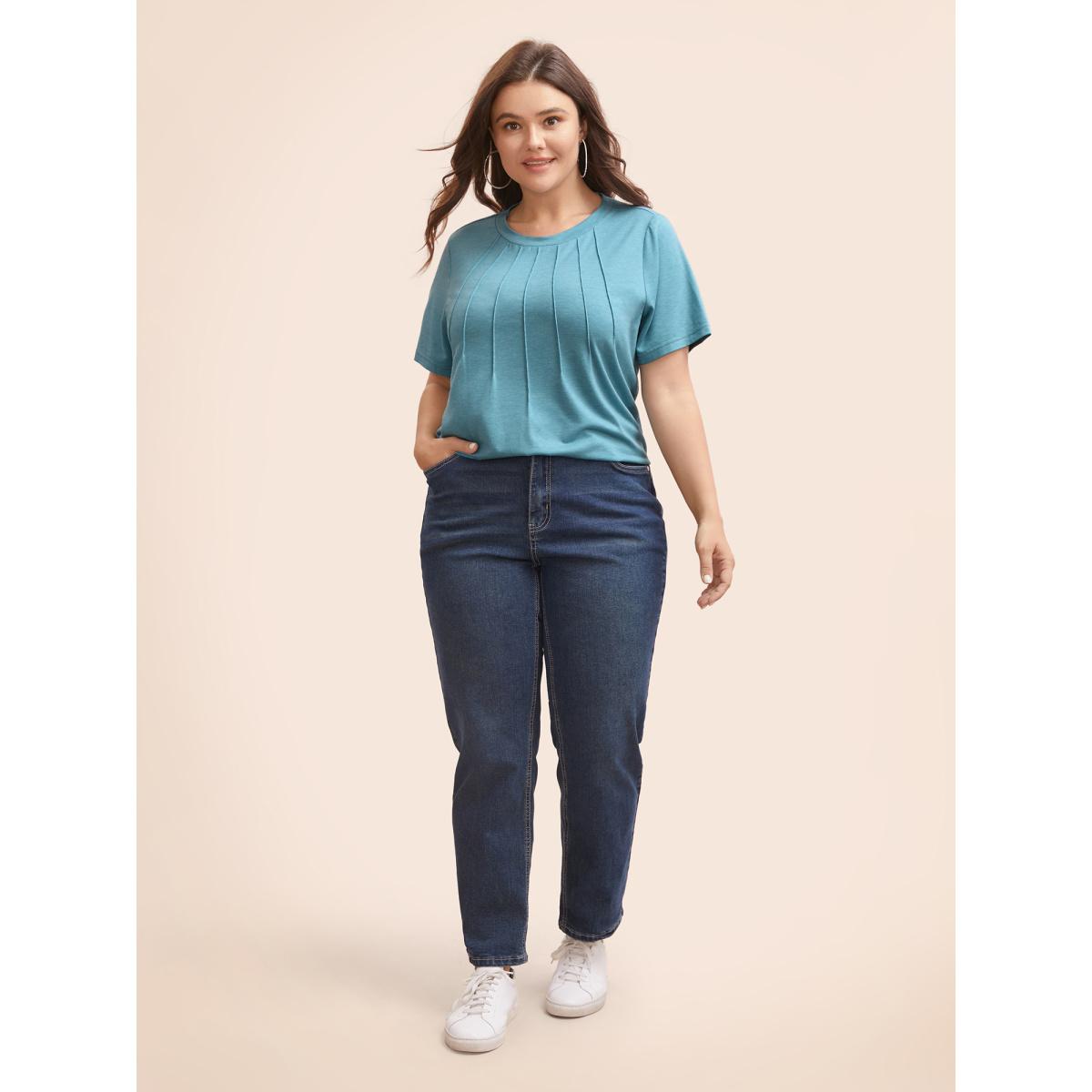 Plus Size Crew Neck Solid Heather Pleated T-shirt Cerulean Women Casual Pleated Round Neck Everyday T-shirts BloomChic 18-20/2X Product Image