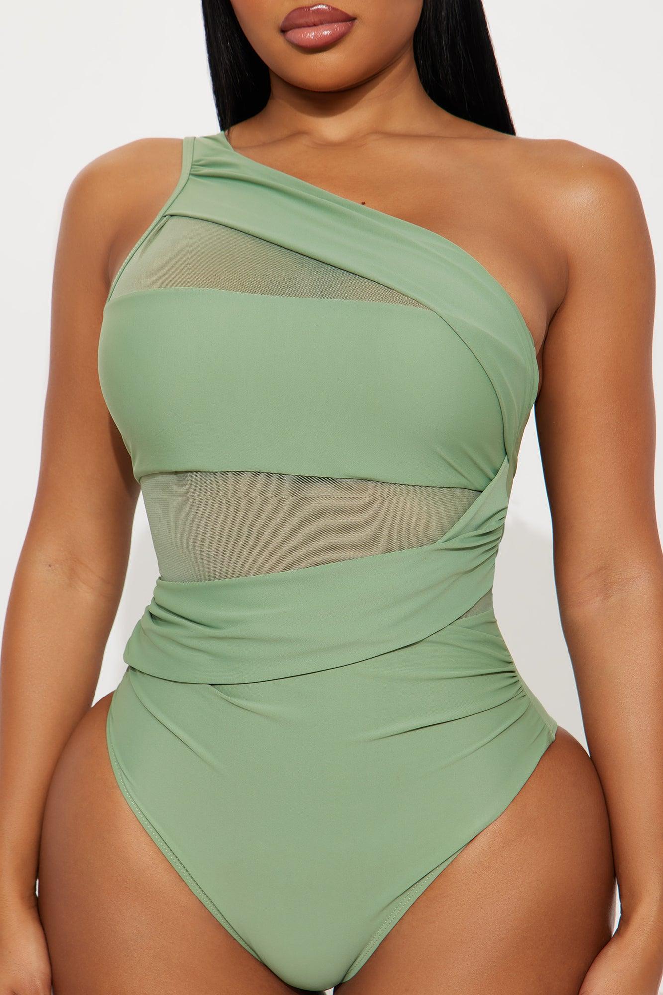 At The Cabana One Shoulder Mesh Cutout Tummy Control 1 Piece Swimsuit - Green Female Product Image