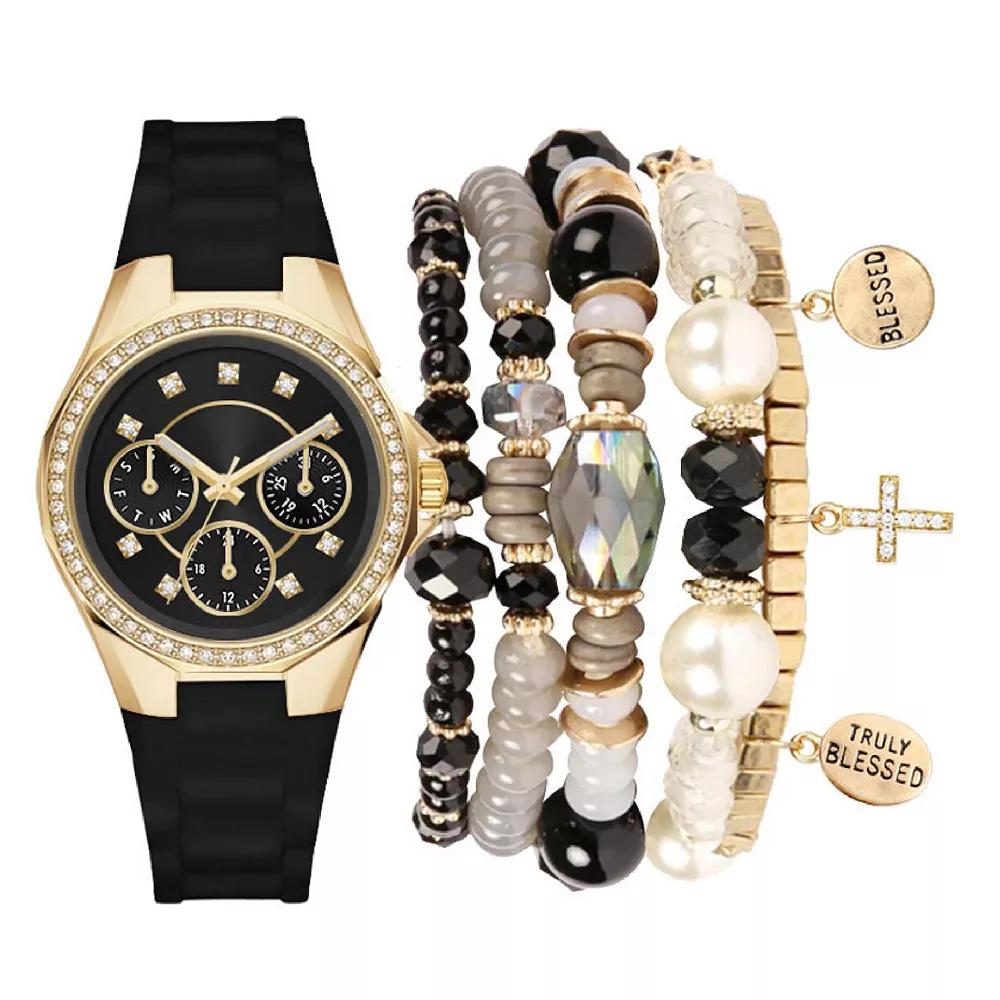 Jessica Carlyle Women's Black Silicone Analog Watch & Bracelet Set, Size: 35 mm Product Image