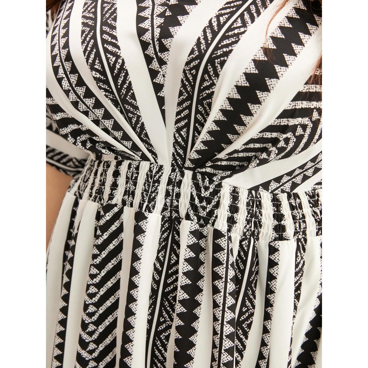 Plus Size Solid Geometric Dolman Sleeve Pocket Shirred Split Hem Dress Beige Women Boho Non V-neck Half Sleeve Curvy Long Dress BloomChic 10/M Product Image