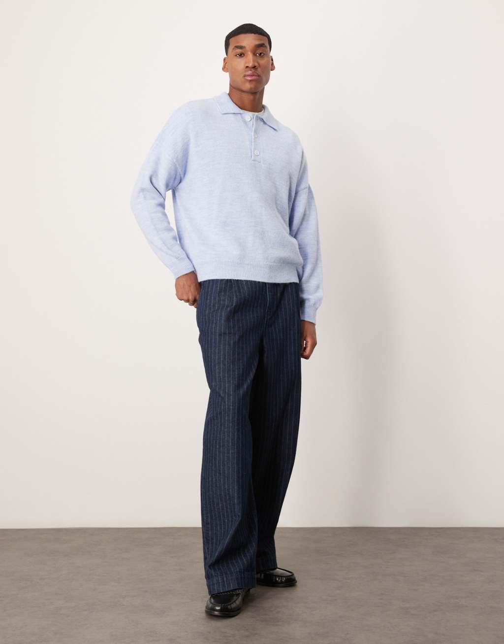 ASOS DESIGN oversized boxy fit knitted polo in light blue Product Image
