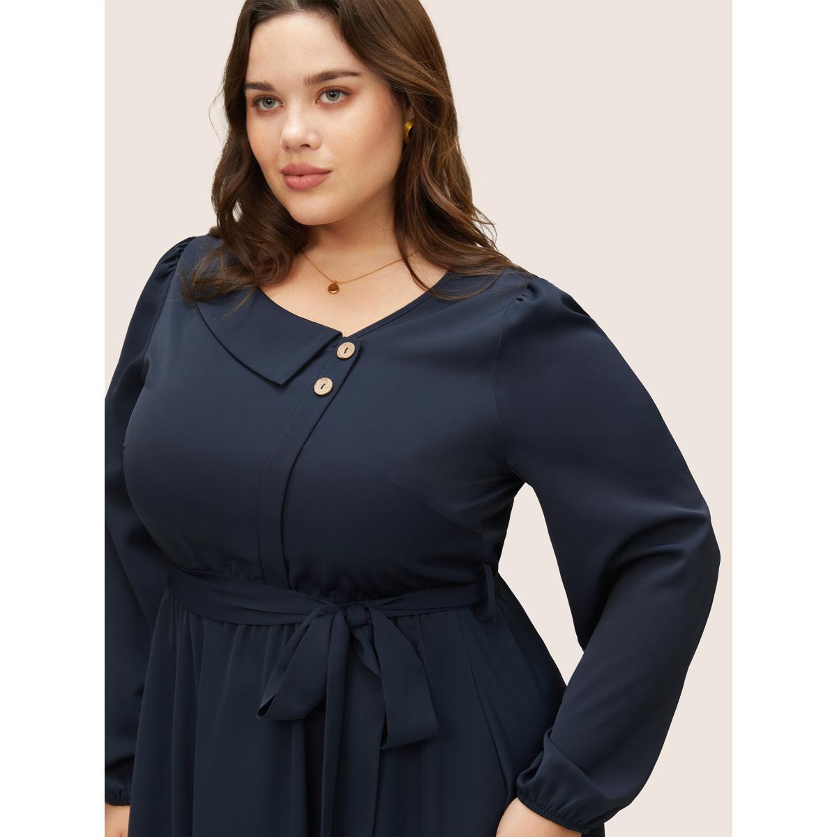 Plus Size Anti-Wrinkle Asymmetrical Neck Button Detail Dress Indigo Women At the Office Non Asymmetrical Neck Long Sleeve Curvy Midi Dress BloomChic 14-16/1X Product Image