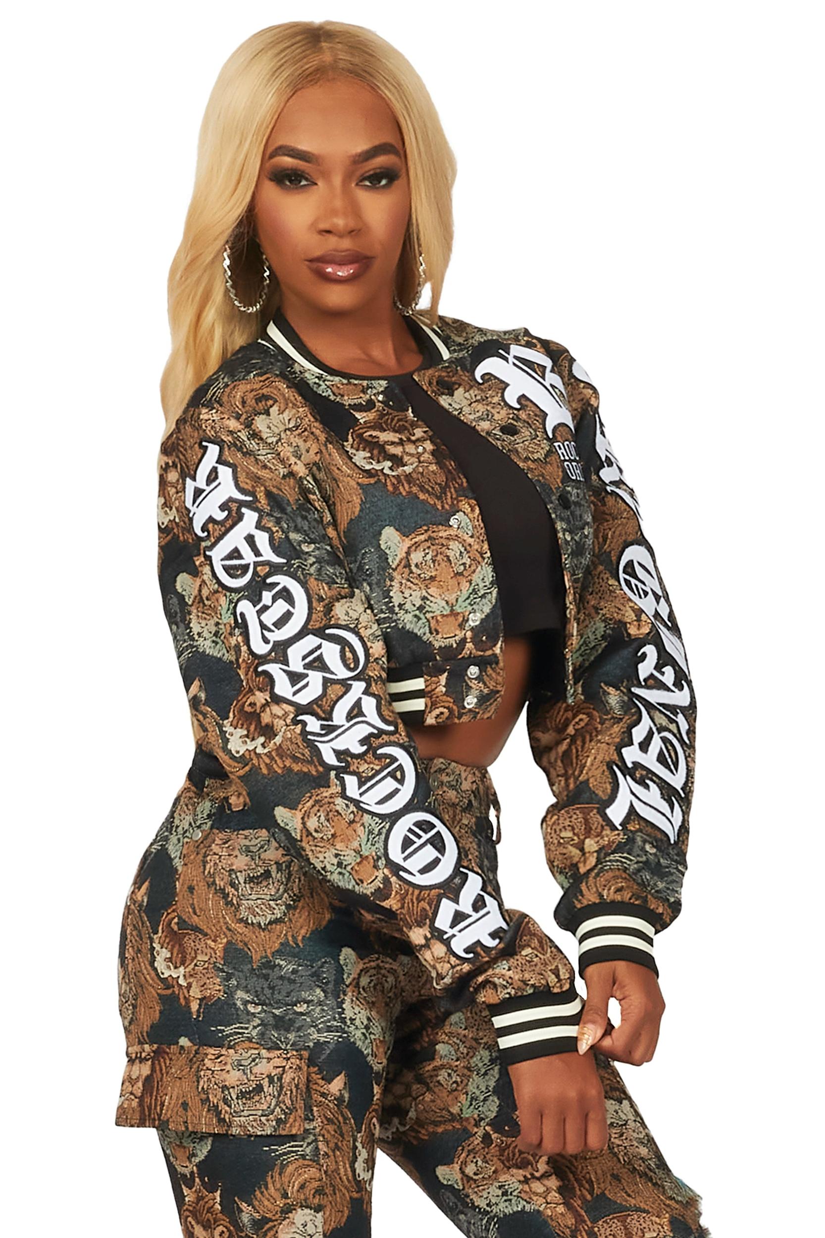 Khadiyah Black Crop Tapestry Varsity Jacket Female Product Image