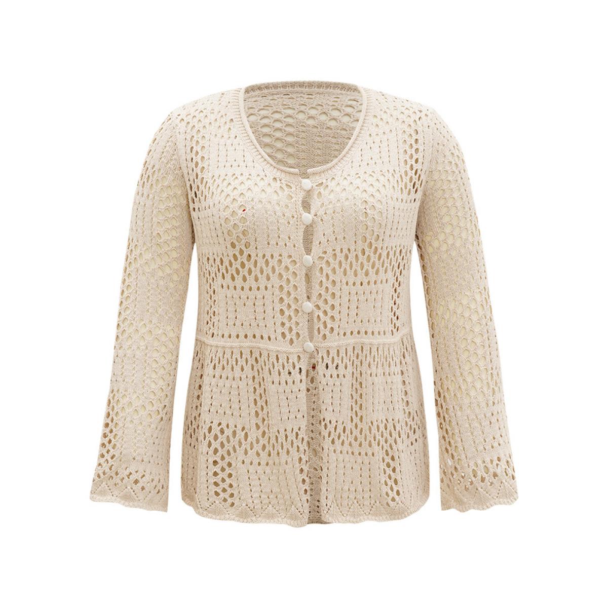 Plus Size Plain Hollow Out Button Through Bell Sleeve Cardigan Beige Women Casual Loose Long Sleeve Everyday Cardigans BloomChic 12/L Product Image