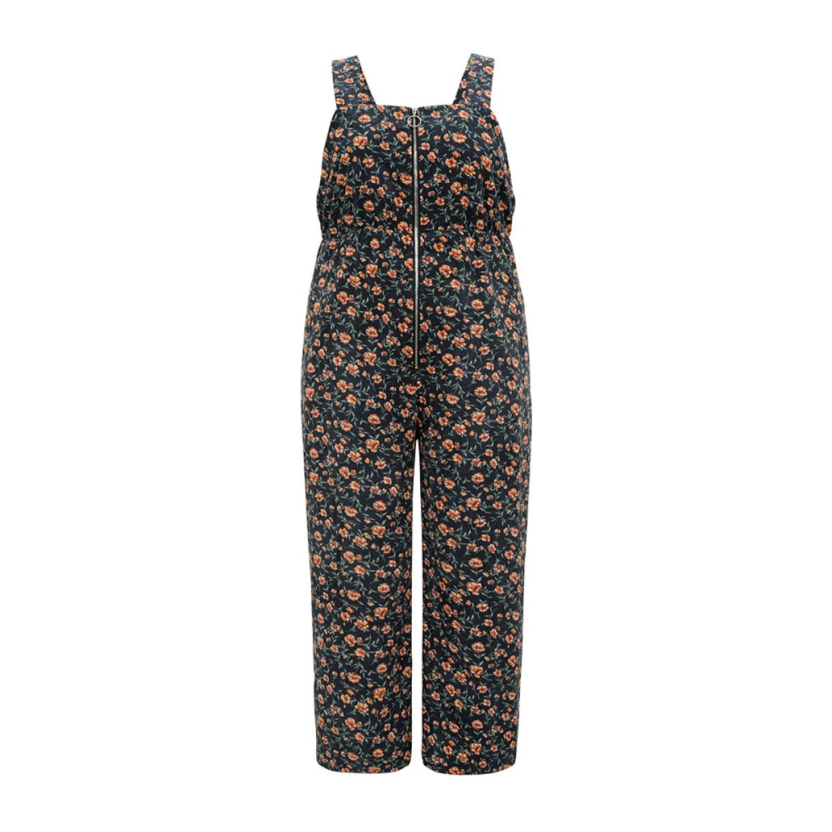 Plus Size Indigo Ditsy Floral O Ring Zipper Corduroy Jumpsuit Women Casual Sleeveless Spaghetti Strap Everyday Loose Jumpsuits BloomChic 22-24/3X Product Image