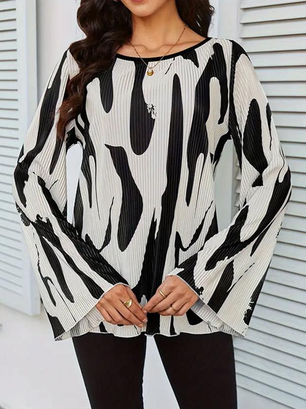 Flared Sleeves Loose Pleated Printed Split-Joint Round-Neck Blouses&Shirts Tops Product Image
