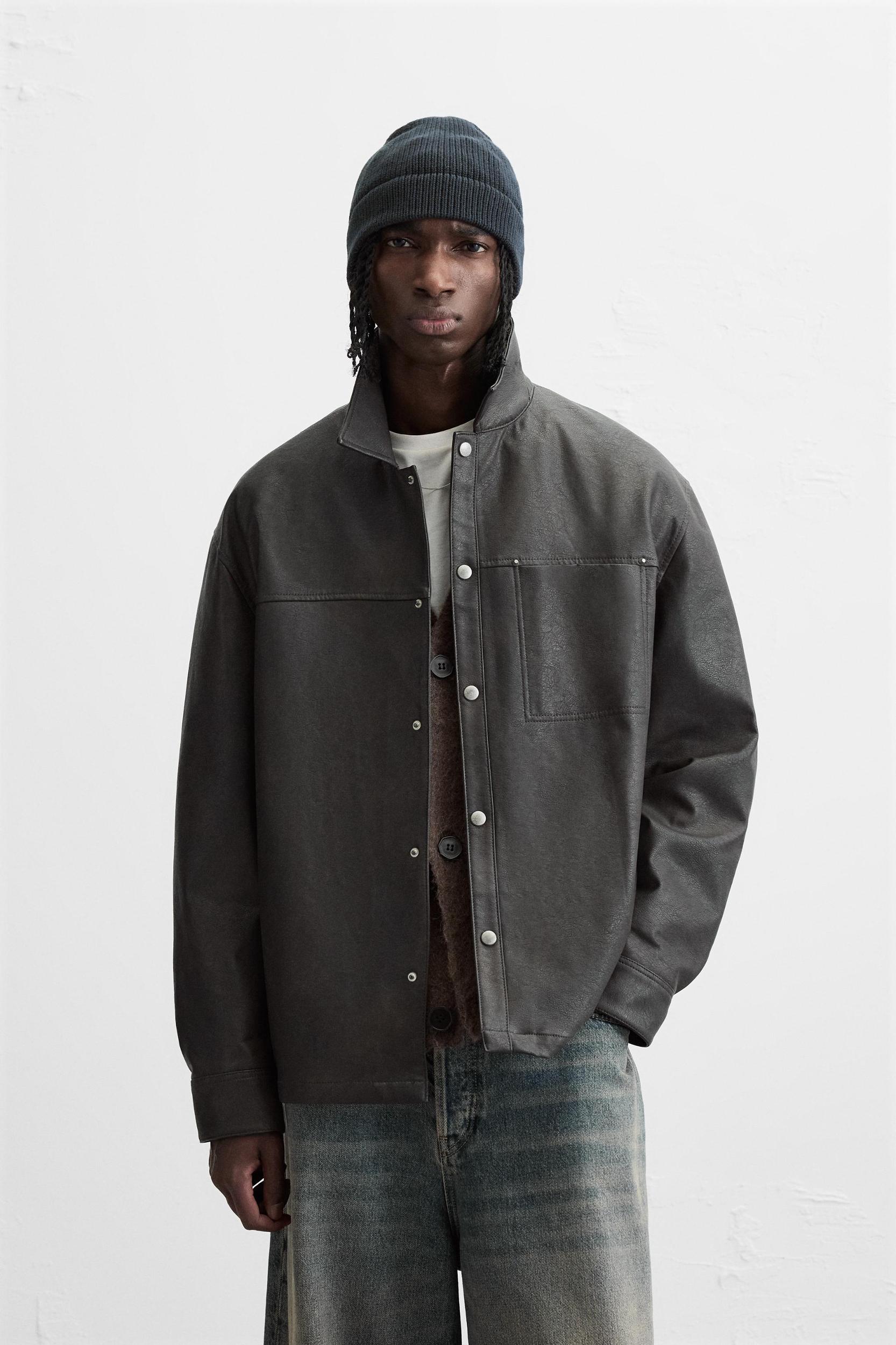 WASHED FAUX LEATHER OVERSHIRT Product Image