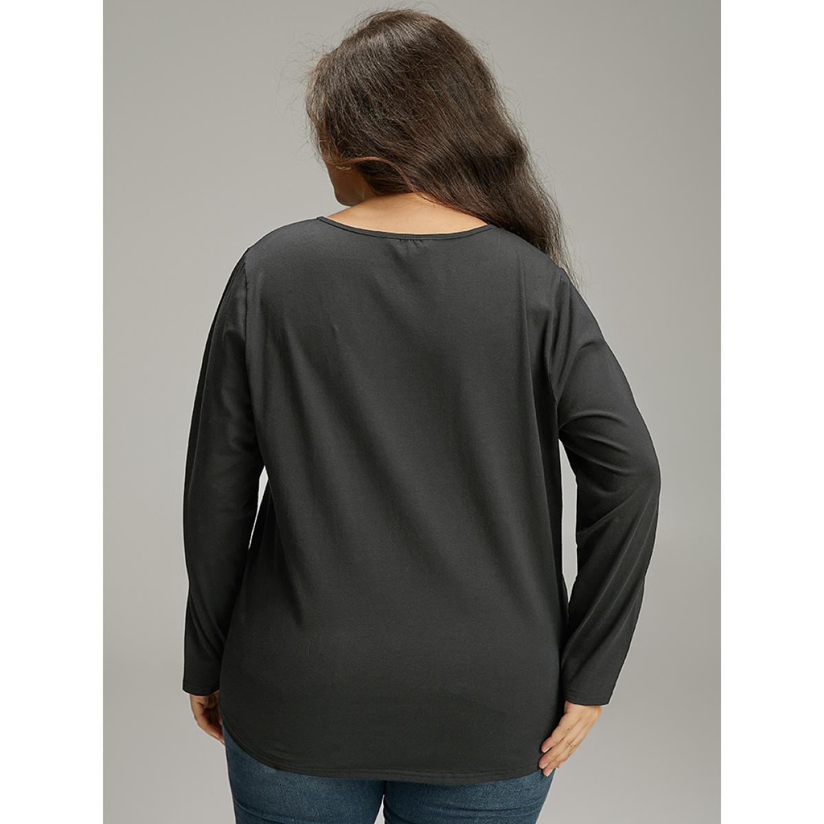 Plus Size Cotton Solid Button Through Arc Hem T-shirt Black Women Elegant Plain Plain Open Front Dailywear T-shirts BloomChic 10/M Product Image