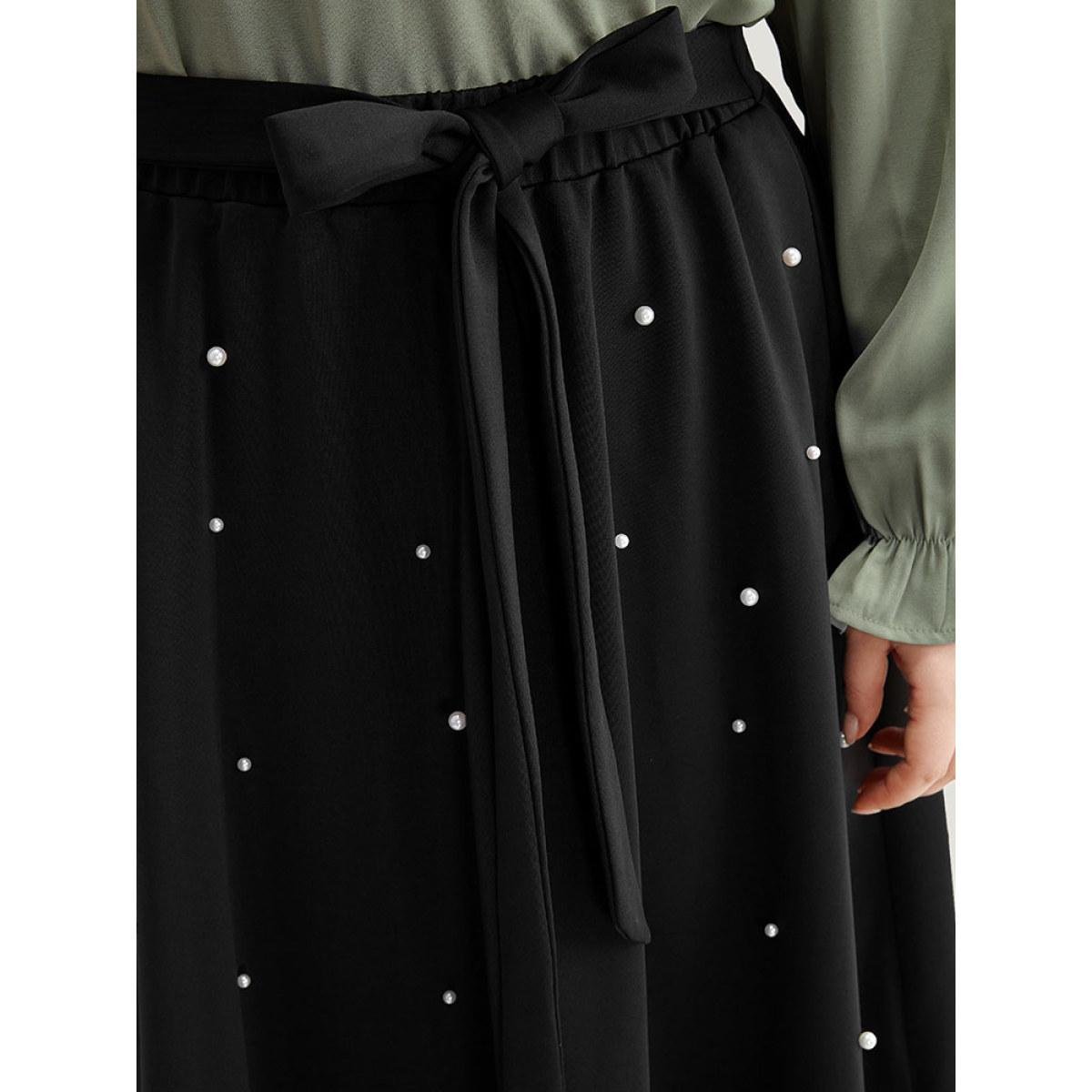 Plus Size Pearl Beaded Ties Cropped Skirt Women Black Elegant Beaded Low stretch Dailywear Skirts BloomChic 10/M Product Image