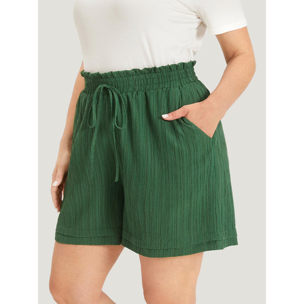 Plus Size Plisse Ties Pocket Paperbag Waist Layered Hem Shorts Women Green Casual Texture Dailywear Shorts BloomChic 22-24/3X Product Image