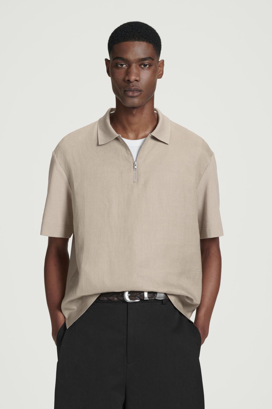 CONTRAST-PANEL LINEN HALF-ZIP POLO SHIRT Product Image