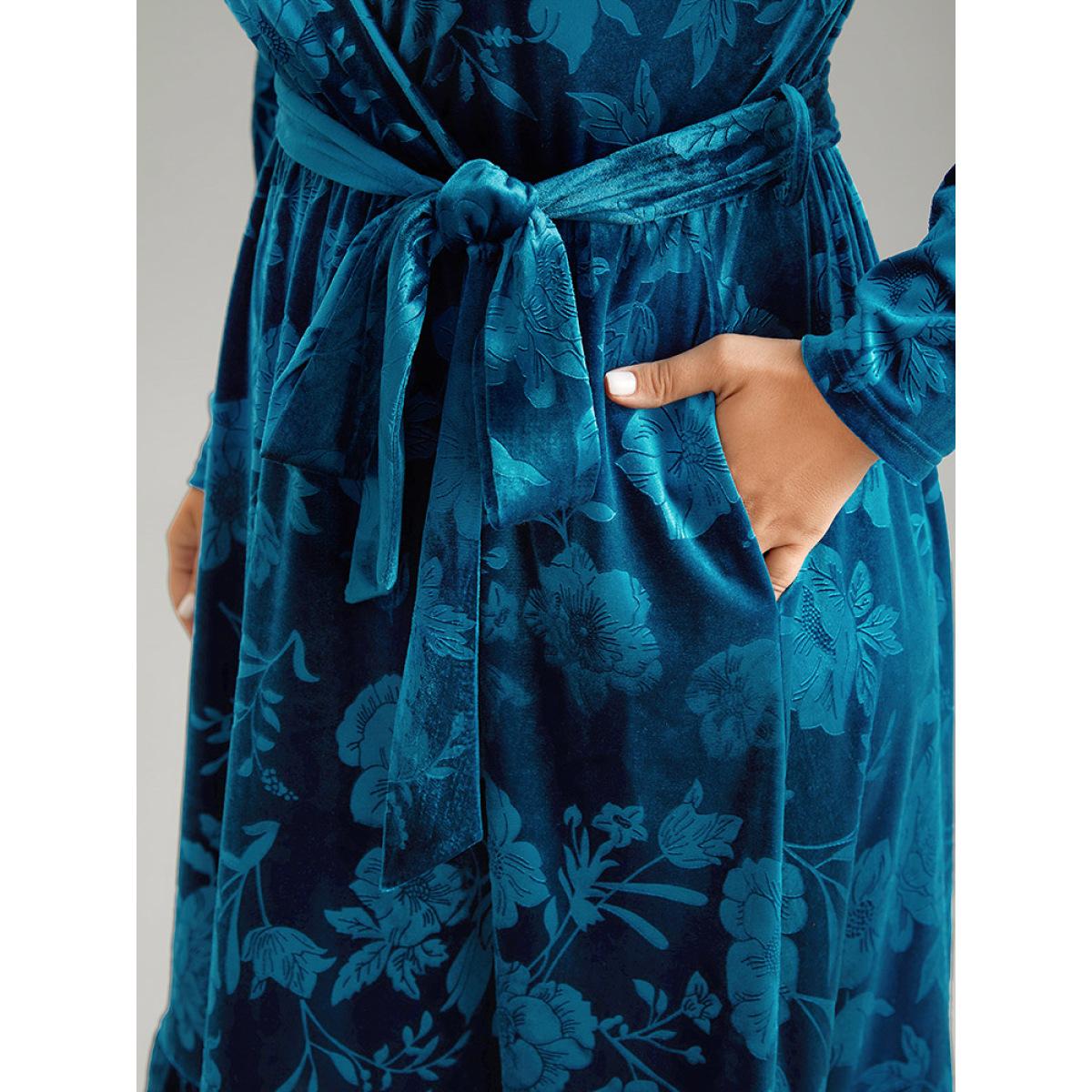 Plus Size Velvet Silhouette Floral Print Belted Wrap Dress Blue Women Party Wrap Overlap Collar Long Sleeve Curvy Midi Dress BloomChic 12/L Product Image