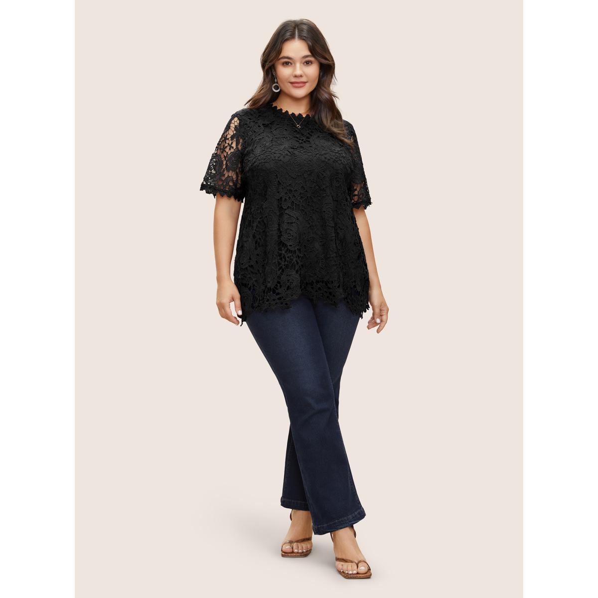 Plus Size Black Lace Panel Patchwork Cut Out Blouse Women Elegant Half Sleeve Round Neck Everyday Blouses BloomChic 14-16/1X Product Image