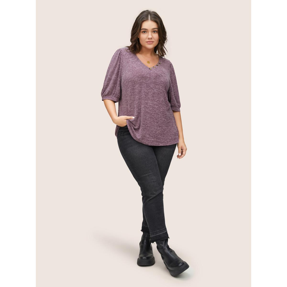 Plus Size Heather Button Detail Puff Sleeve T-shirt Purple Women Casual Gathered Plain V-neck Everyday T-shirts BloomChic 10/M Product Image