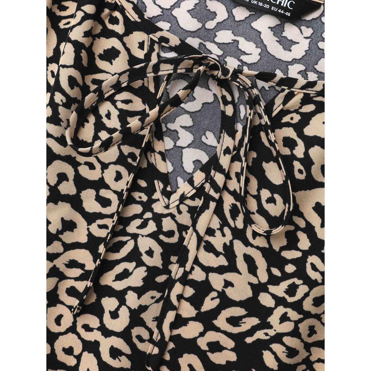 Plus Size Leopard Print Tiered Hem Pockets Midi Dress BlackFlower Women Elegant Tie knot V-neck Long Sleeve Curvy BloomChic 28/5X Product Image