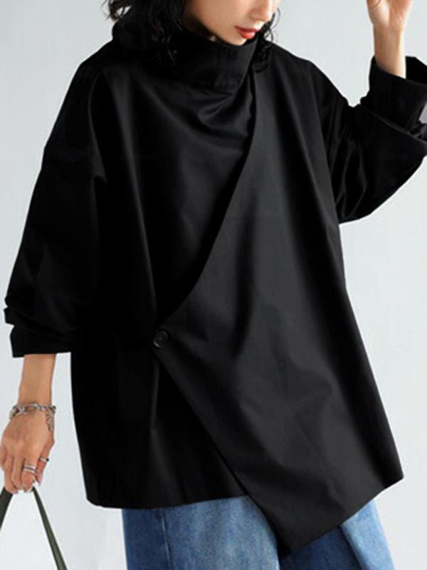 Long Sleeves Loose Solid Color High Neck T-Shirts Tops Product Image