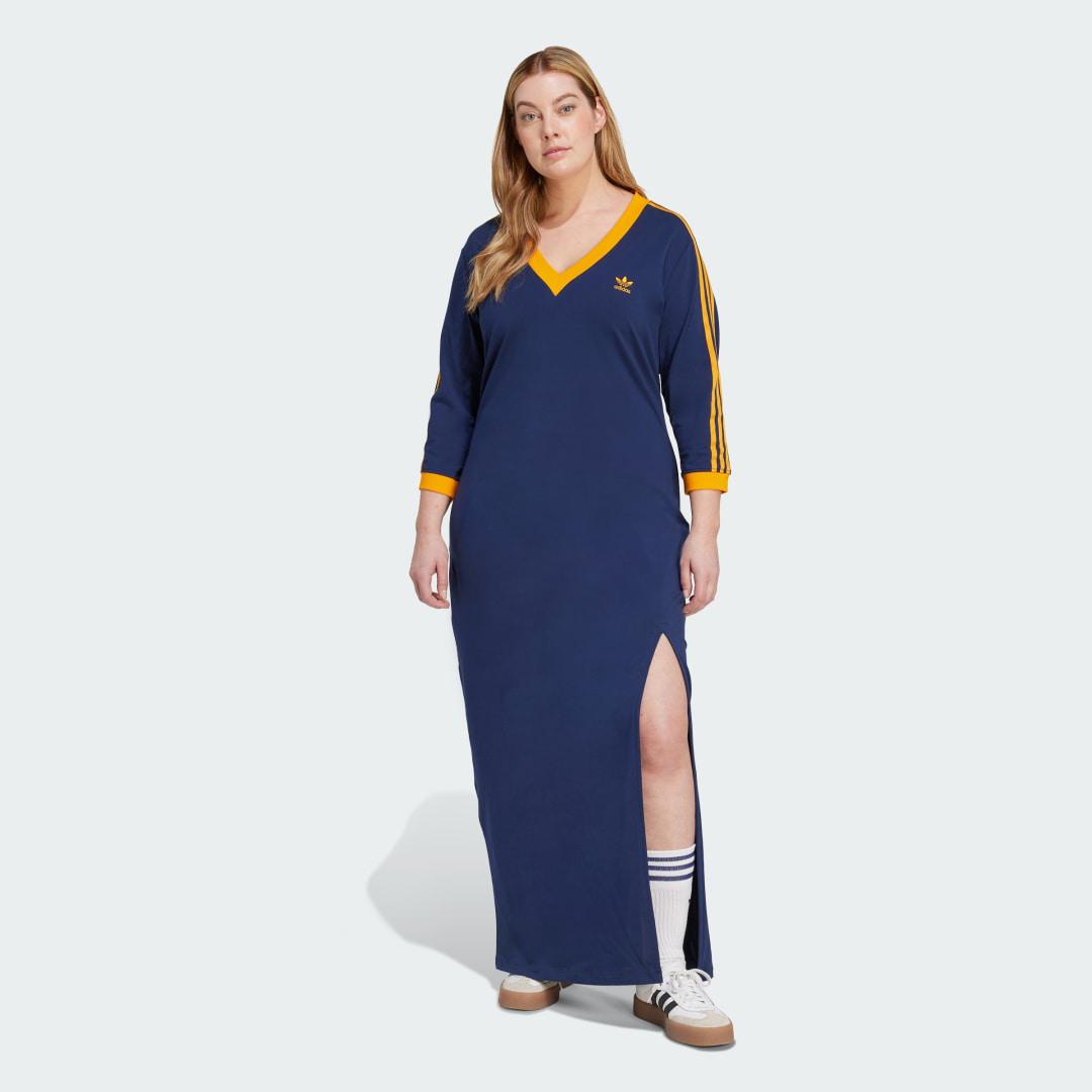 adidas Adicolor Classics 3-Stripes V-Neck Maxi Dress (Plus Size) Semi Lucid Fuchsia 3X Womens Product Image