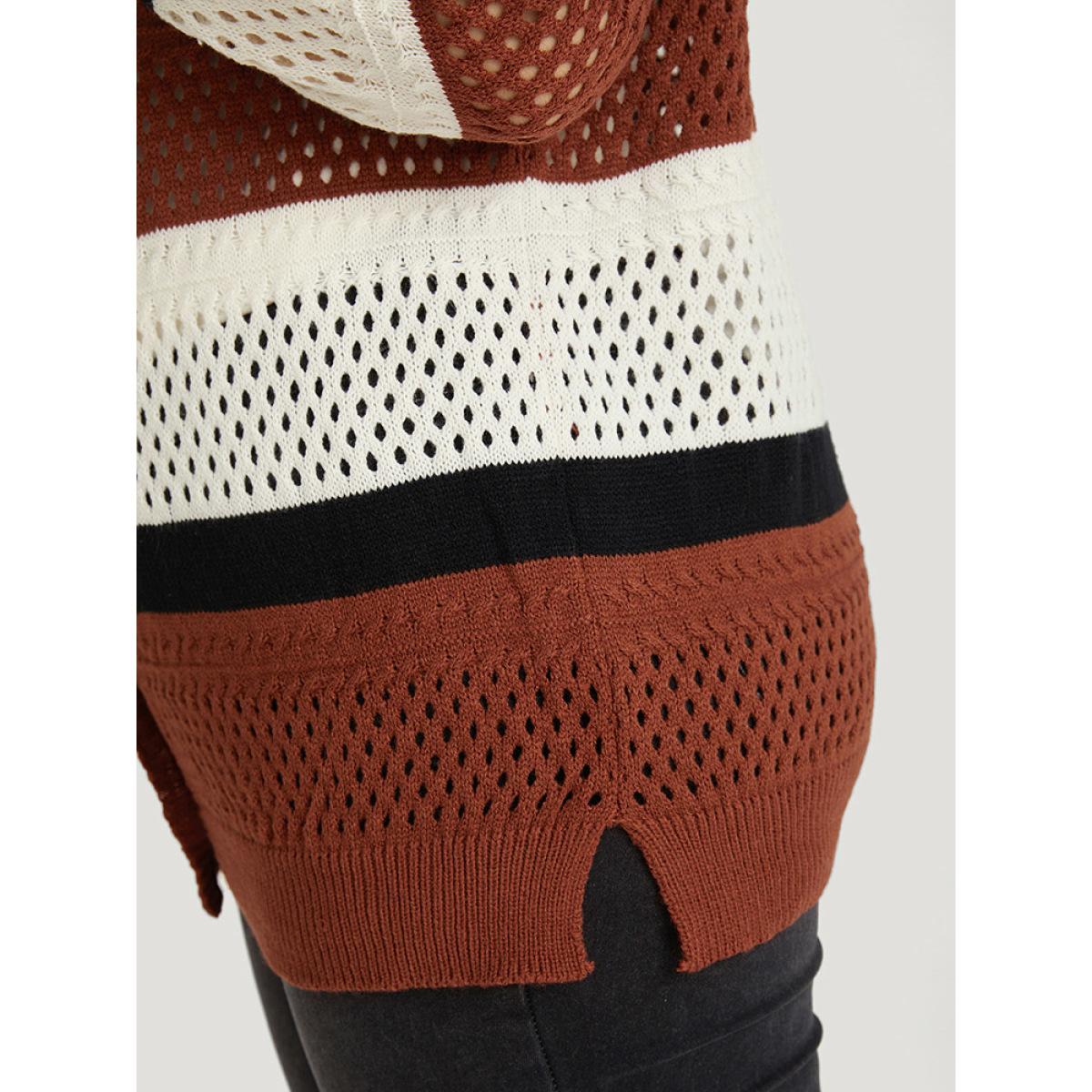 Plus Size Colorblock Contrast Geo Eyelet Button Through Cardigan Rust Women Casual Loose Long Sleeve Dailywear Cardigans BloomChic 14-16/1X Product Image