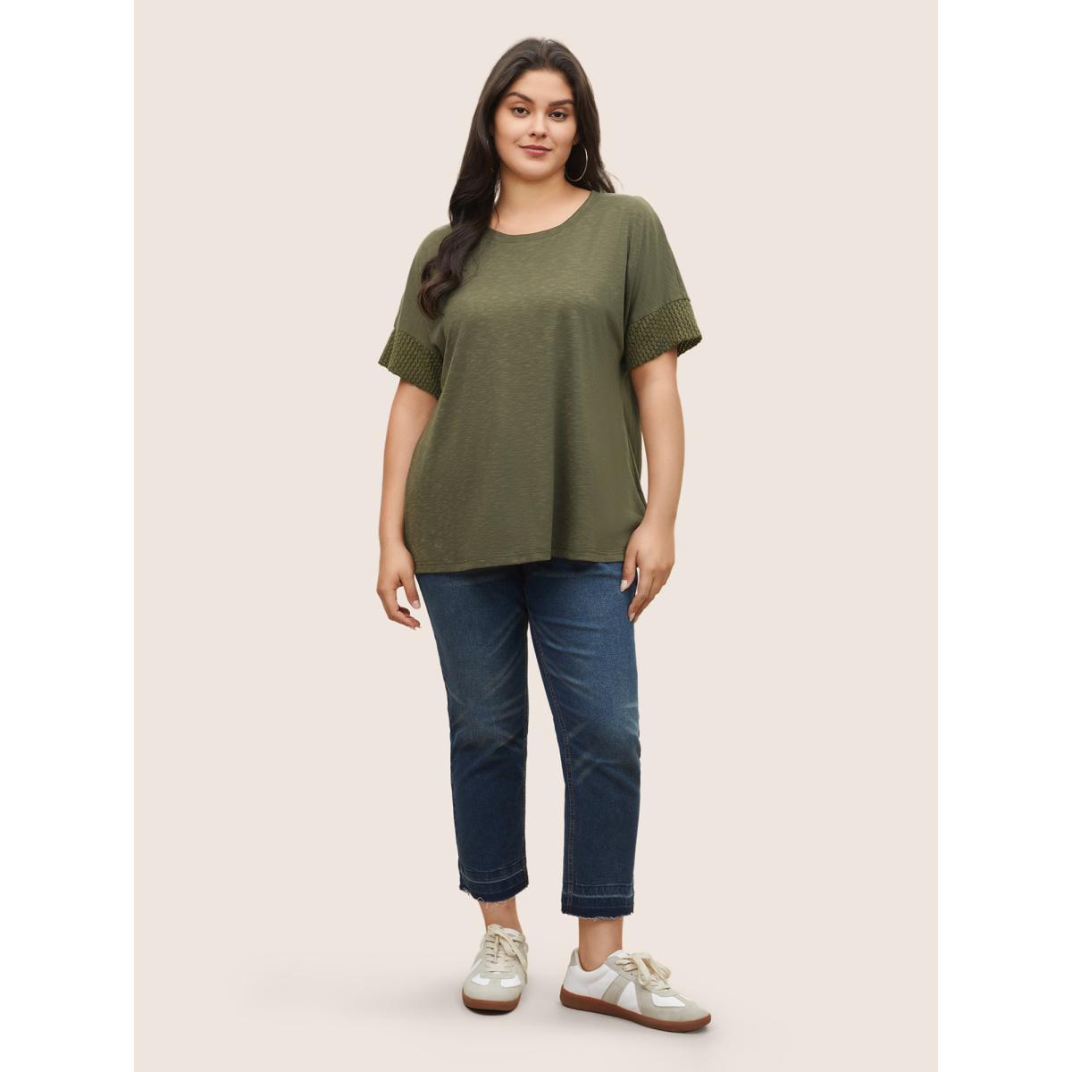 Plus Size Solid Lace Insert Batwing Sleeve T-shirt ArmyGreen Women Casual Texture Plain Round Neck Everyday T-shirts BloomChic 10/M Product Image