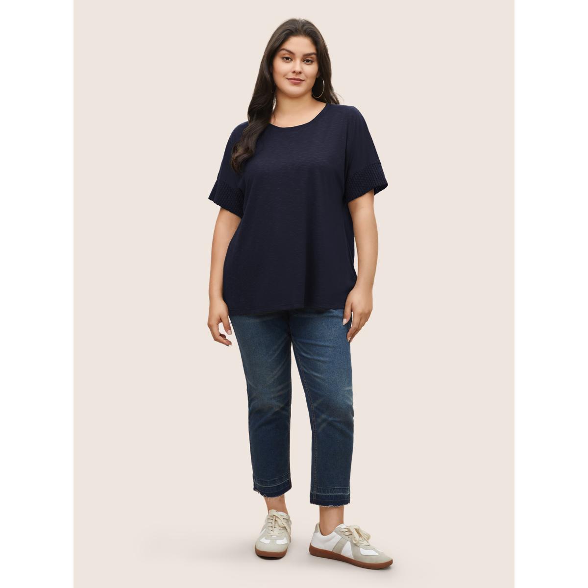 Plus Size Solid Lace Insert Batwing Sleeve T-shirt Midnight Women Casual Texture Plain Round Neck Everyday T-shirts BloomChic 18-20/2X Product Image