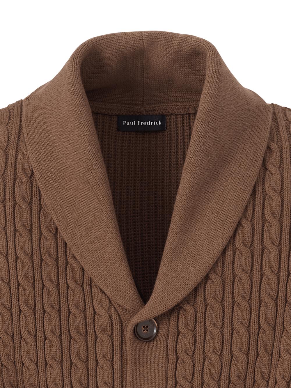 Cotton Cable Button Front Shawl Collar Cardigan - Brown Product Image