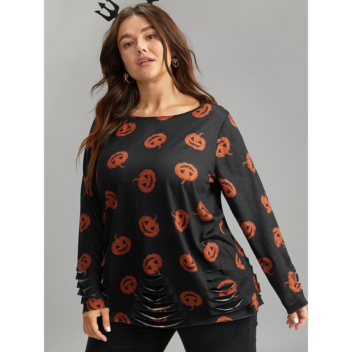 Plus Size Halloween Pumpkin Print Distressed T-shirt Black Women Casual Printed Graphic-Halloween Round Neck Festival-Halloween T-shirts BloomChic 26/4X Product Image