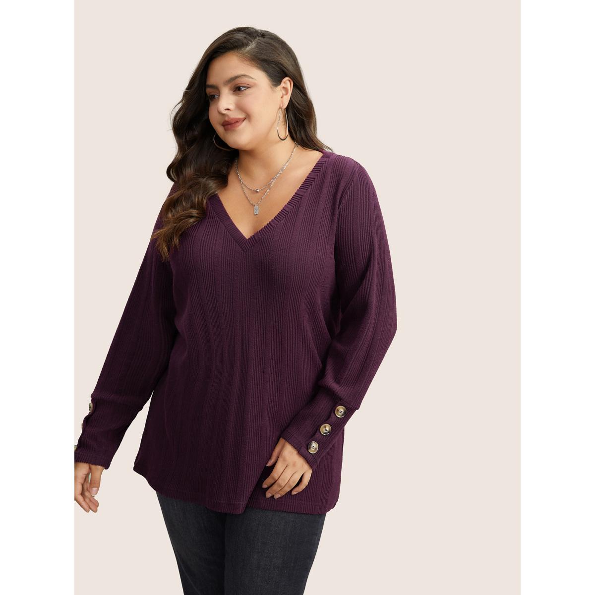 Plus Size Rib Knit V Neck Button Detail T-shirt Green Women Leisure Non Plain V-neck Casual T-shirts BloomChic 22-24/3X Product Image