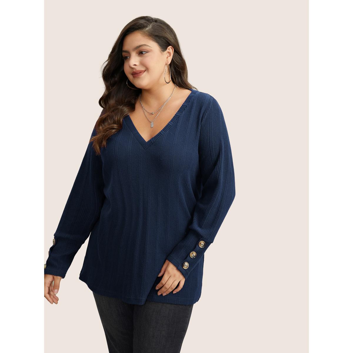 Plus Size Rib Knit V Neck Button Detail T-shirt Black Women Casual Non Plain V-neck Everyday T-shirts BloomChic 28/5X Product Image