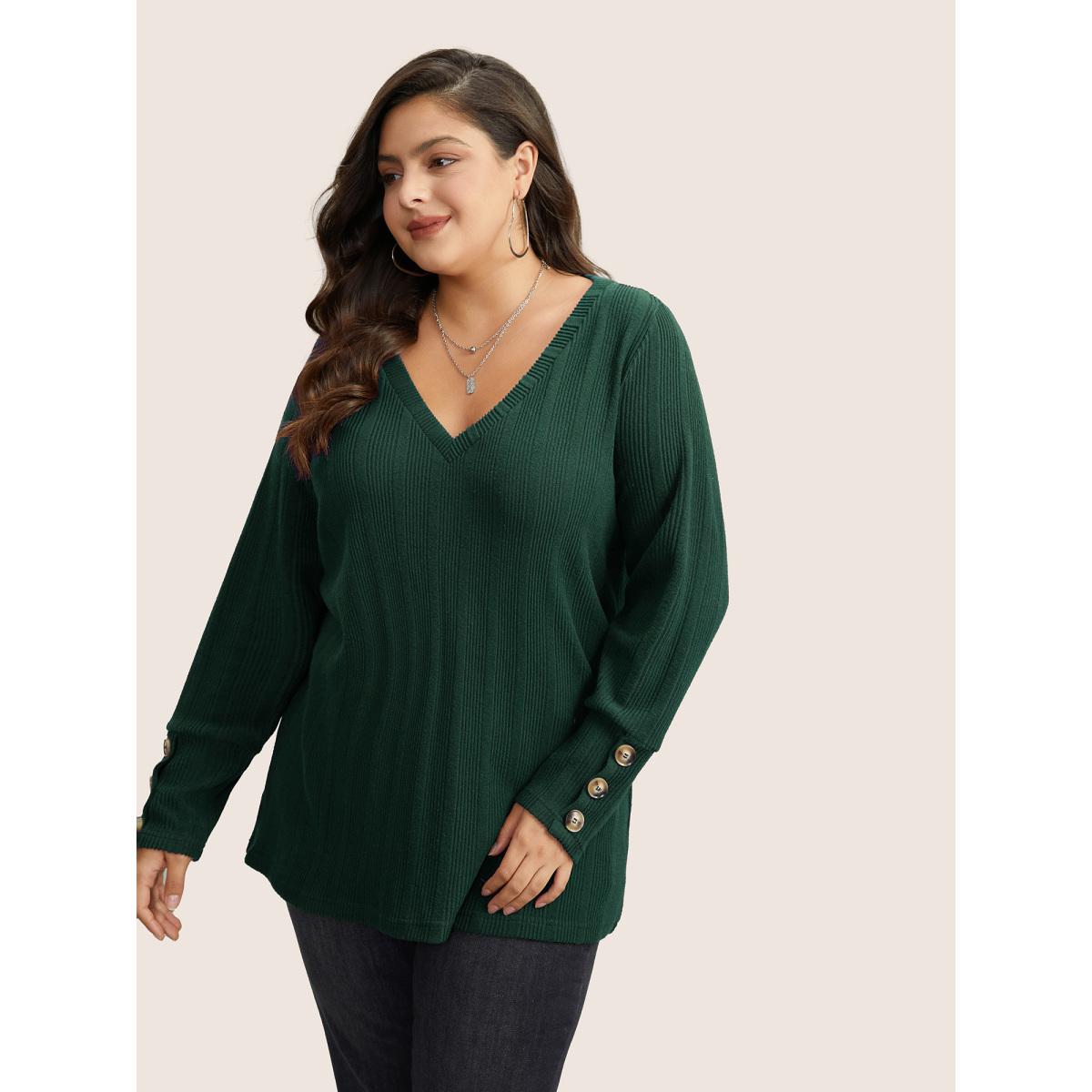 Plus Size Rib Knit V Neck Button Detail T-shirt Green Women Leisure Non Plain V-neck Casual T-shirts BloomChic 22-24/3X Product Image