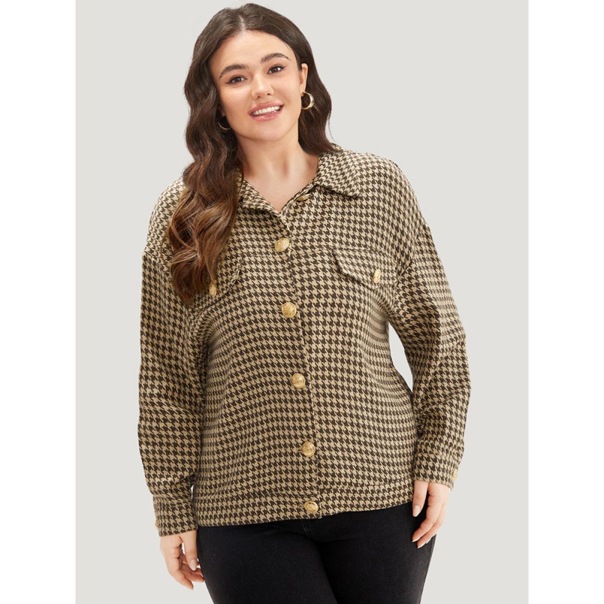 Plus Size Houndstooth Pocket Metal Detail Jacket Women Tan Texture Dailywear Jackets BloomChic 22-24/3X Product Image