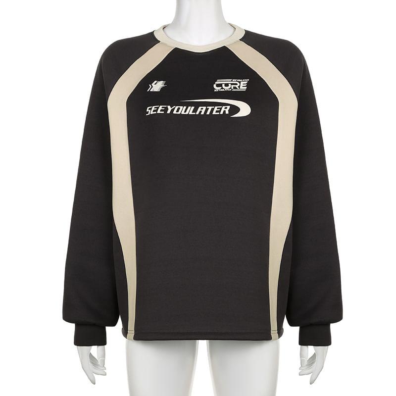 Crew Neck Lettering Print Raglan Fleece-Lined Sweatshirt Product Image