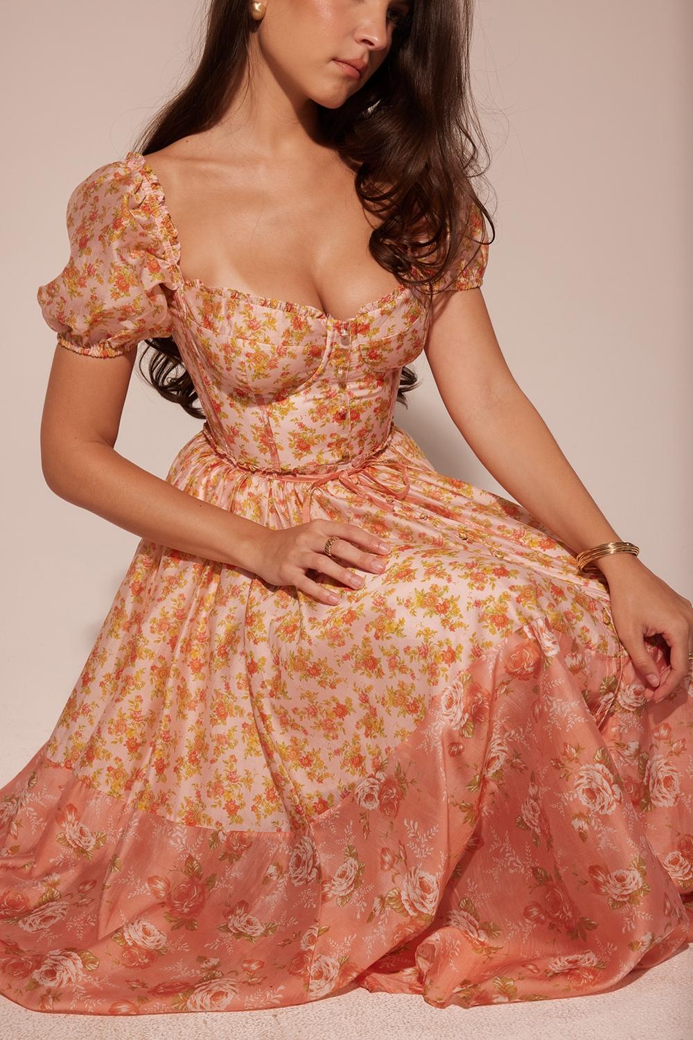 Penelope  peach poppy print puff sleeve midi sundress Product Image