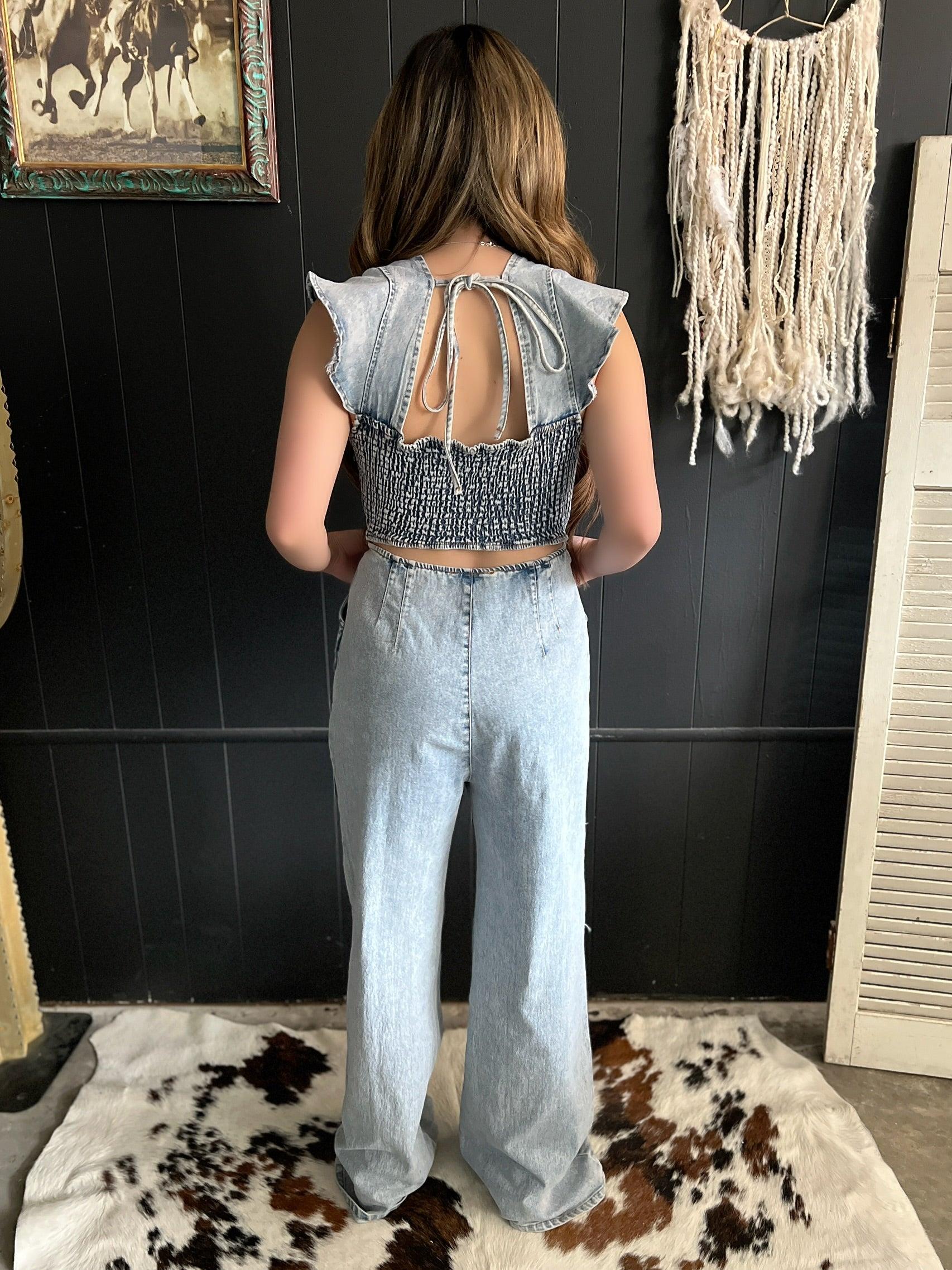 Ruffled Denim Open Smocked Back Jumpsuit Product Image