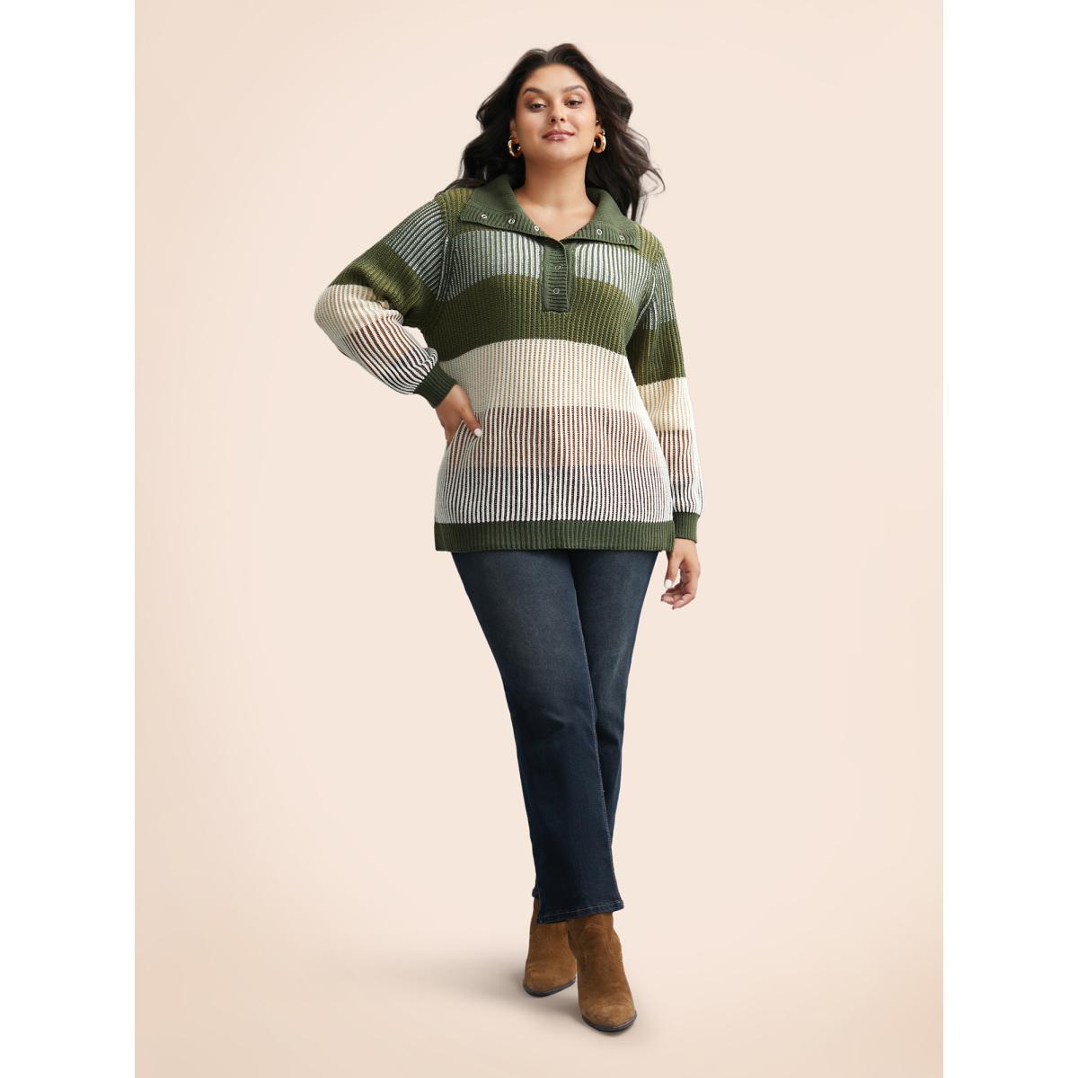 Plus Size Polo Neck Texture Contrast Button Up Pullover ArmyGreen Women Casual Loose Long Sleeve Polo Everyday Pullovers BloomChic 26/4X Product Image