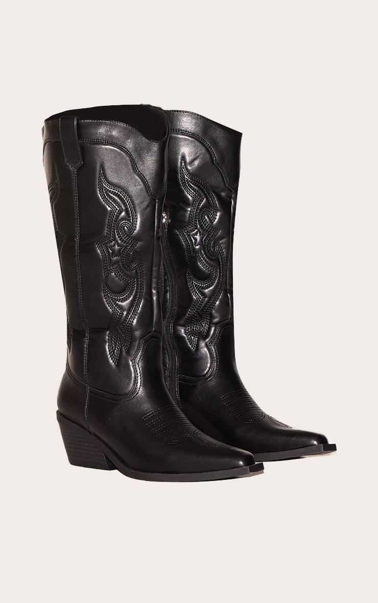 Black Pu Point Toe Western Calf High Boots Product Image