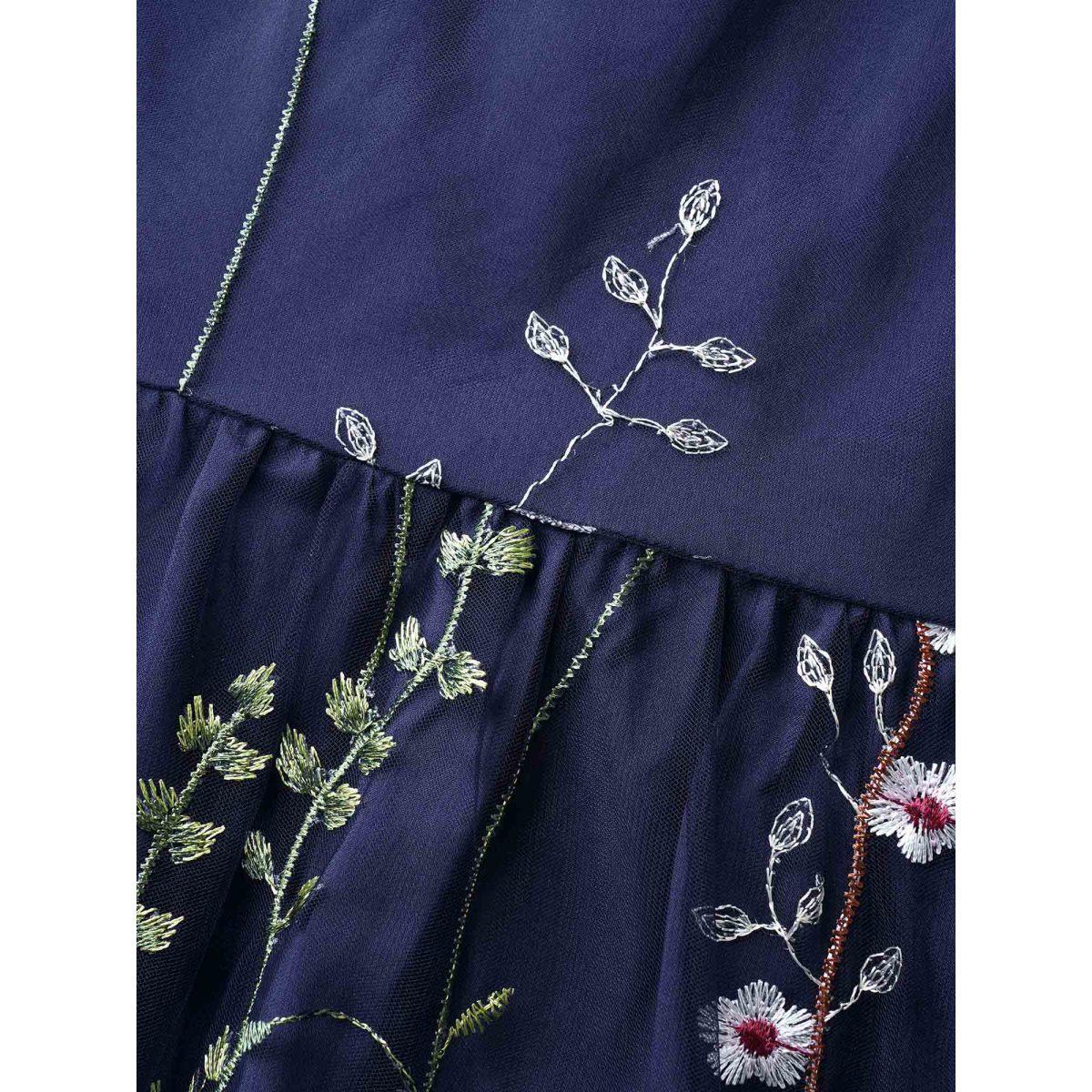 Plus Size U Neck Floral Embroidered Mesh Cami Dress DarkBlue Women Formal U-neck Sleeveless Curvy BloomChic 22-24/3X Product Image