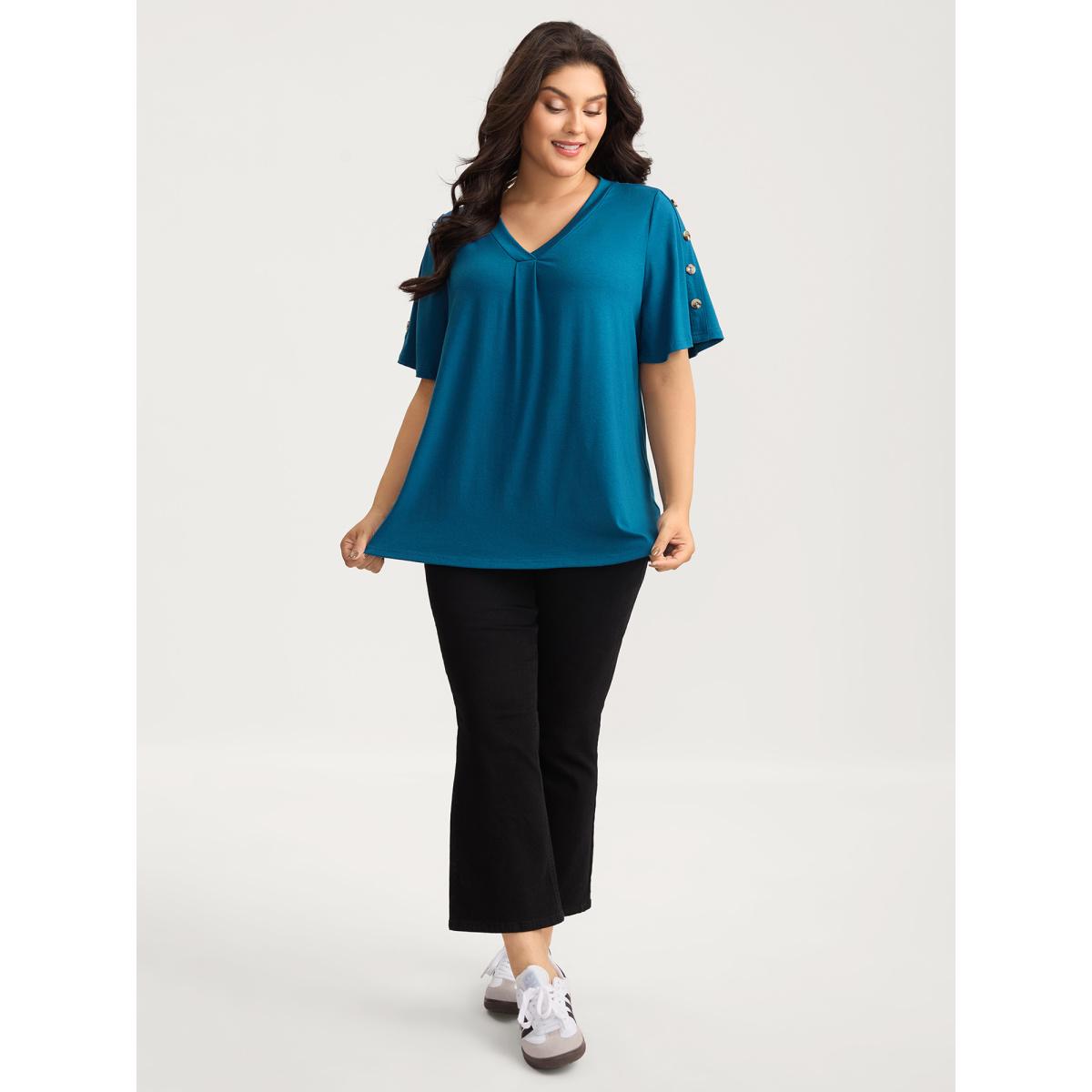 Plus Size Supersoft Bust-Friendly Pleated T-Shirt Aegean Women Leisure Button V-neck Casual T-shirts BloomChic 12/L Product Image