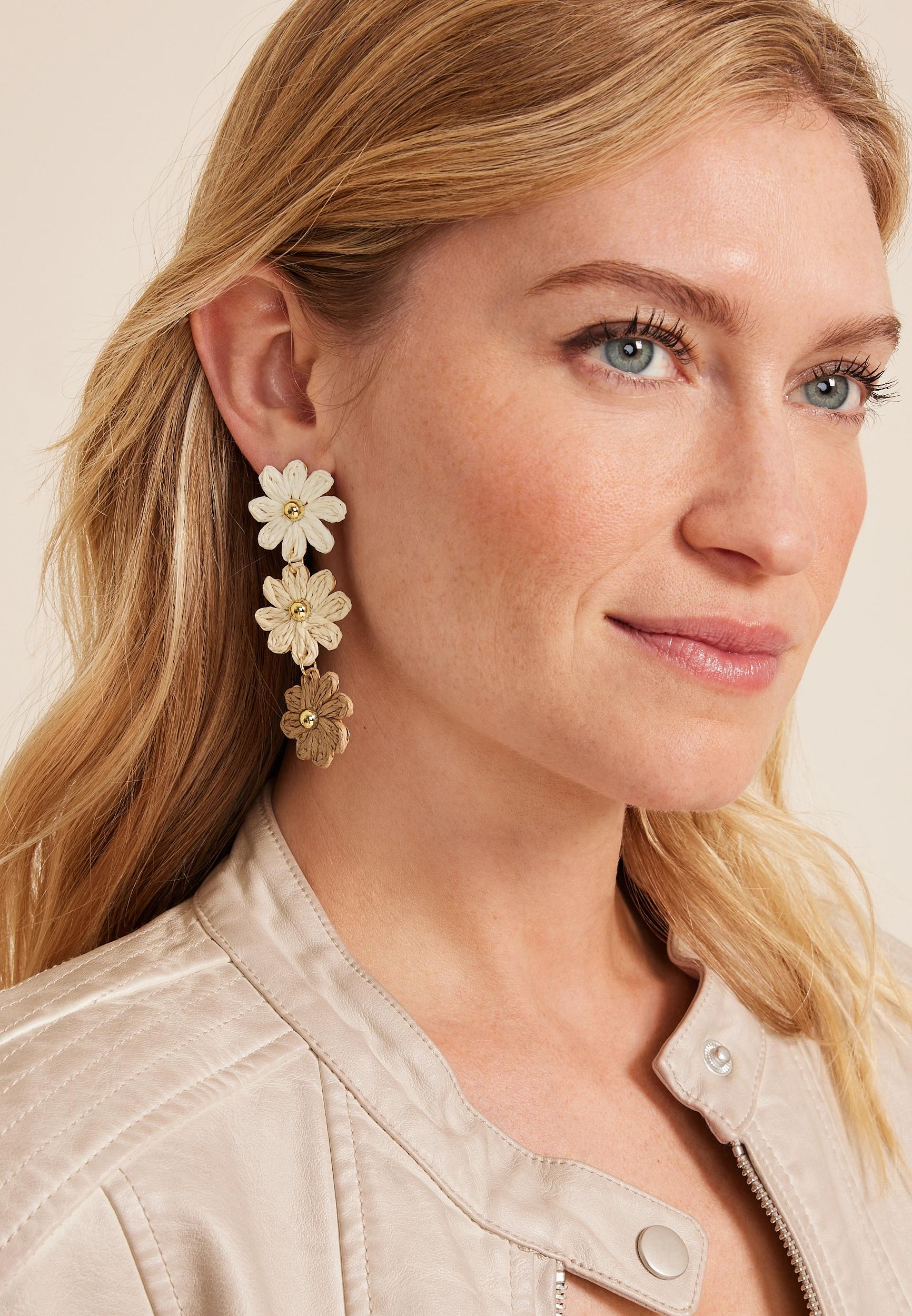 Triple Floral Raffia Drop Earrings Product Image