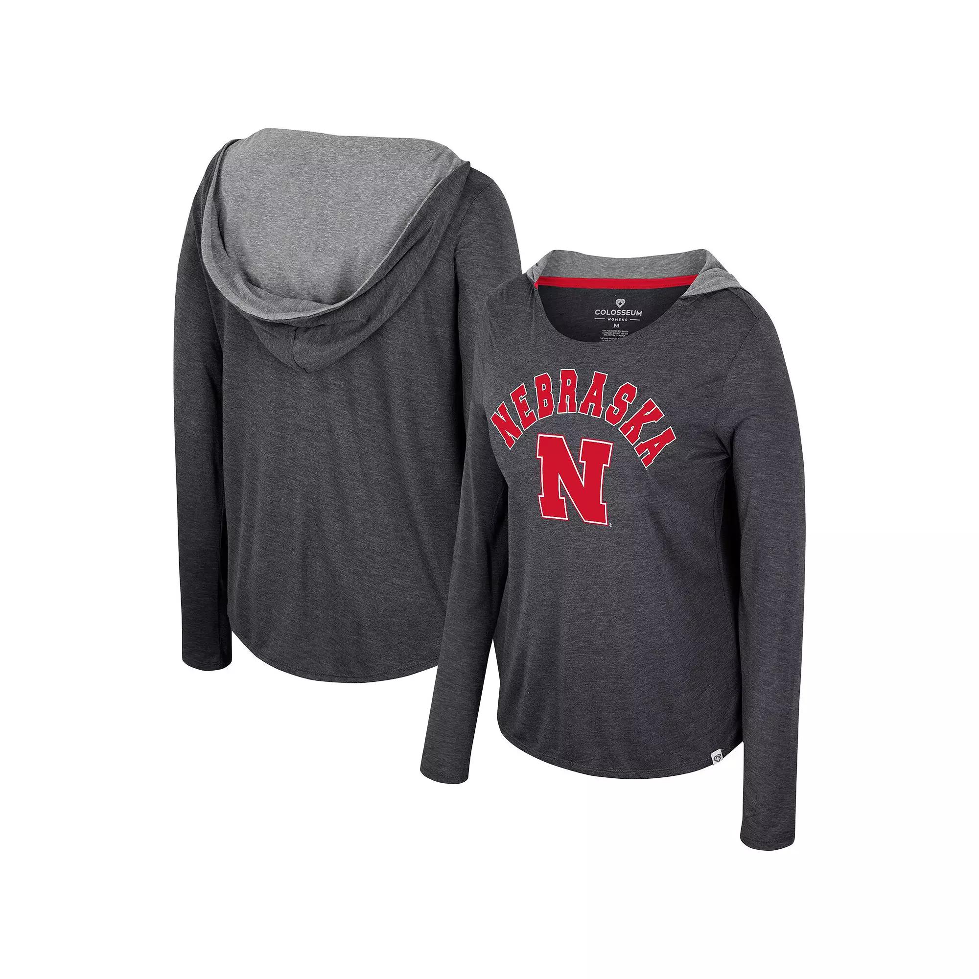 Women's Colosseum  Black Nebraska Huskers Distressed Heather Long Sleeve Hoodie T-Shirt, Size: Small Product Image