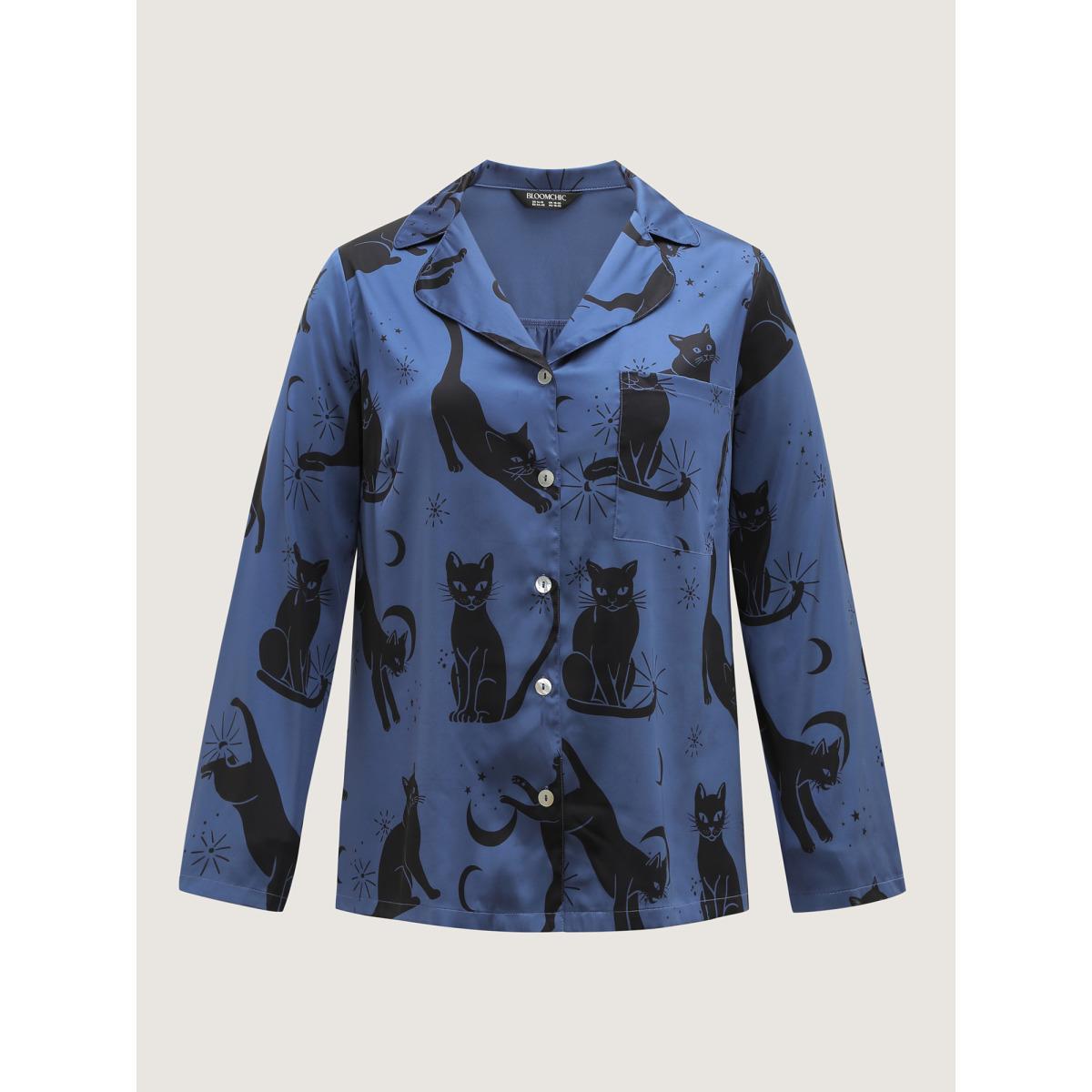 Plus Size Cats Pockets Stretchy Print Co-ord Set Women Mediumblue Graphic-Halloween Non Long Sleeve Lapel Collar Leisure Loungewear Sets BloomChic 12/L Product Image